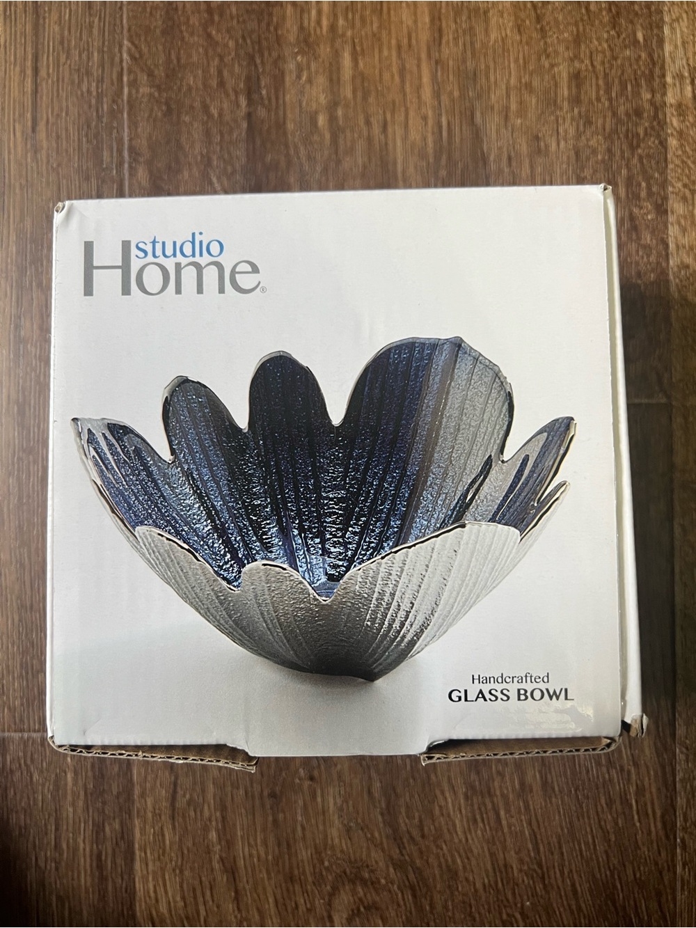 NIB Studio Home Handcrafted Glass Bowl Blue Flower Iridescent Petal Rim 5”